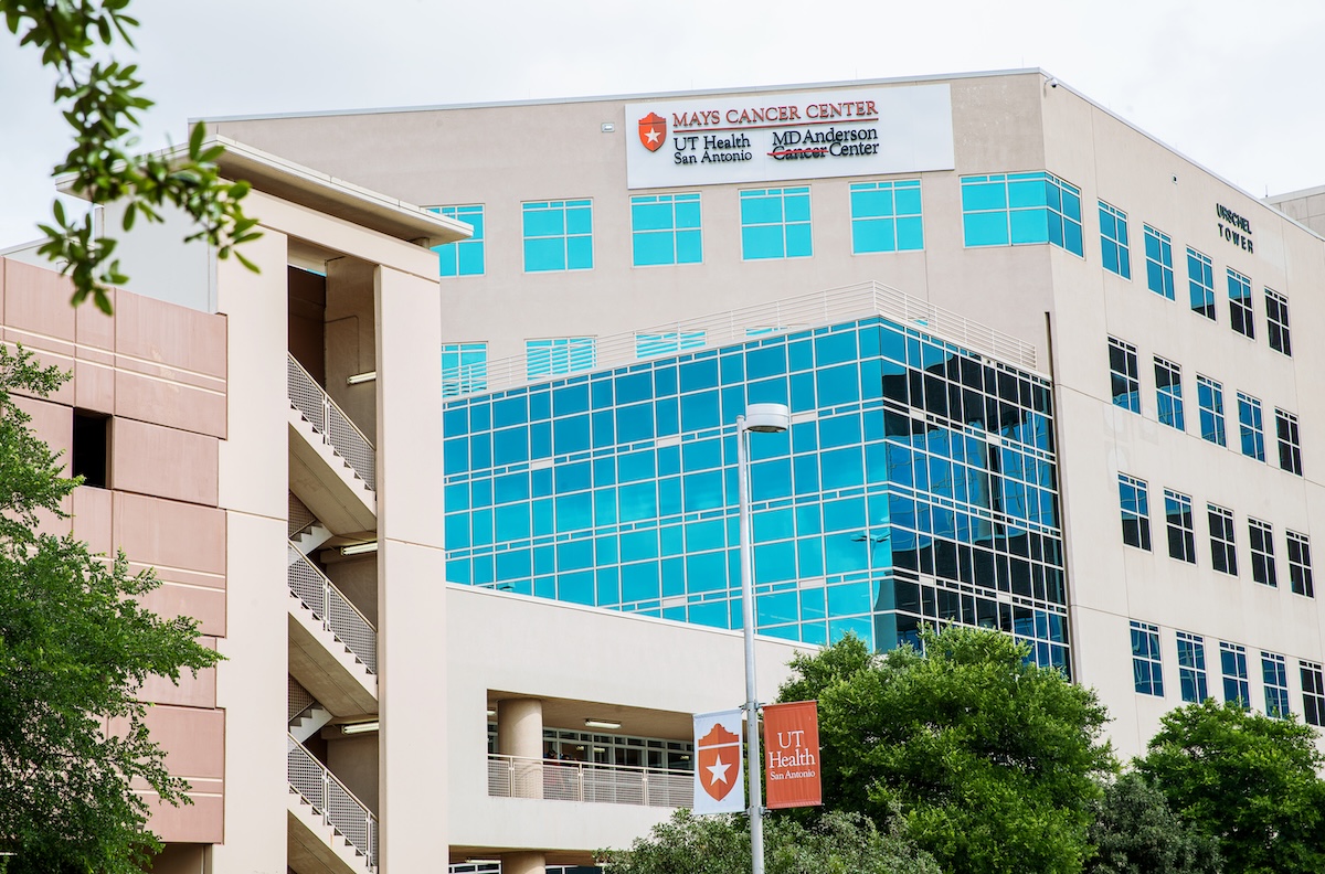 Exterior view of Mays Cancer Center building